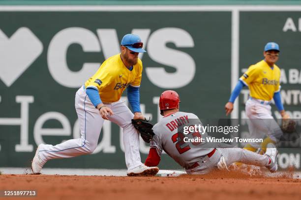 Brandon Drury of the Los Angeles Angels is tagged out trying to steal second base by Christian Arroyo of the Boston Red Sox during the third inning...