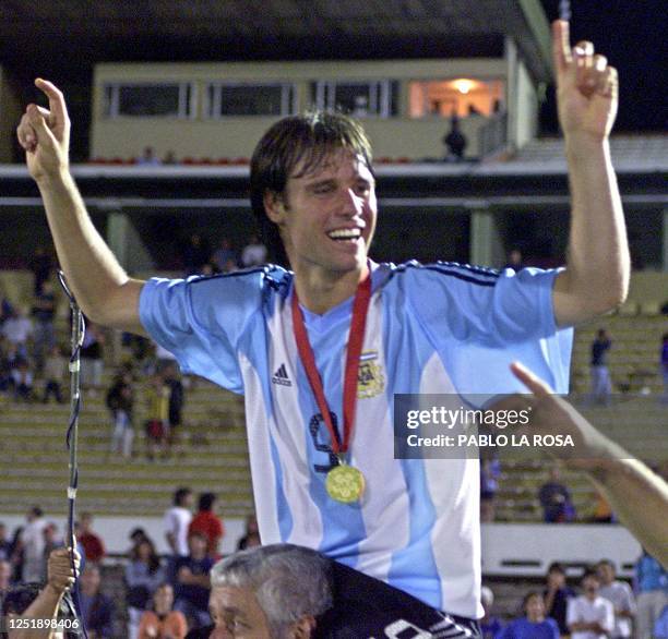 Fernando Cavenaghi, player of the Argentinian soccer team and goal keeper during the XXI South American Sub 20 Championship games, greets fans after...