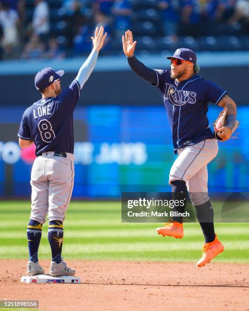 Brandon Lowe and Harold Ramirez of the Tampa Bay Rays celebrate after defeating the Toronto Blue Jays in their MLB game at the Rogers Centre on April...