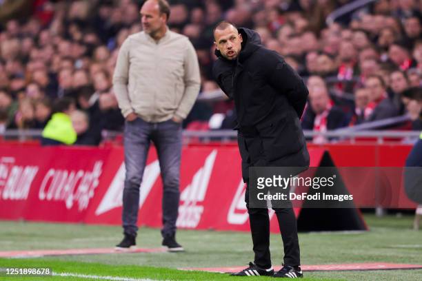 Head coach John Heitinga of AFC Ajax looks on during the Dutch Eredivisie match between AFC Ajax and FC Emmen at Johan Cruijff Arena on April 16,...
