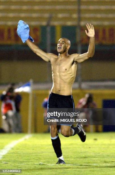 Carlos Diogo of the Uruguayan soccer team, celebrates his goal, the third for his team, 07 January 2003, during a game for the South American Sub 20...