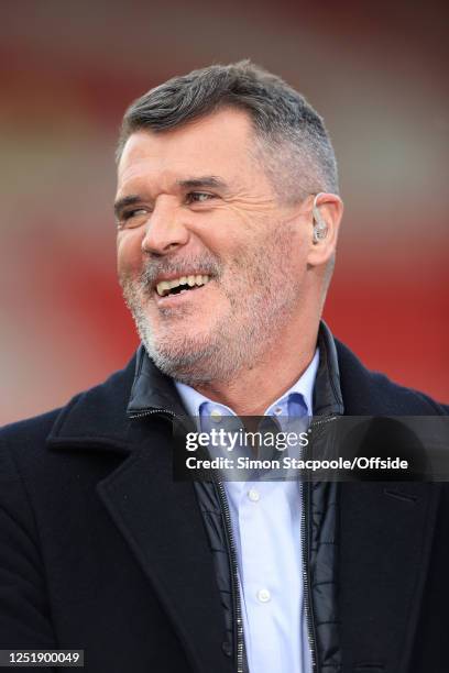 Roy Keane laughs and smiles during the Premier League match between Nottingham Forest and Manchester United at City Ground on April 16, 2023 in...