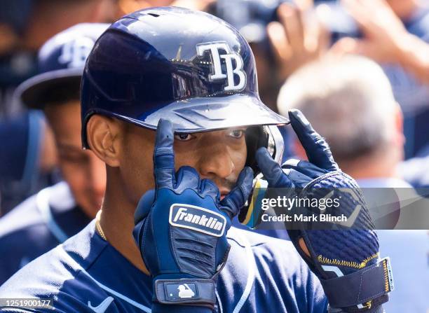 Christian Bethancourt of the Tampa Bay Rays celebrates his three run home run against the Toronto Blue Jays in the fifth inning during their MLB game...