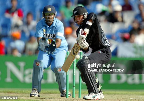 Lou Vincent plays a shot during his innings of 53 not out in Auckland,11 January 2003. New Zealand were out for 199 runs with 9 wickets down after 50...
