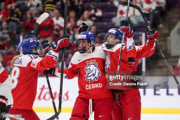 Forward Denisa Krizova of Czechia celebrates her second period goal against Switzerland during the bronze medal game of the 2023 IIHF Women's World...