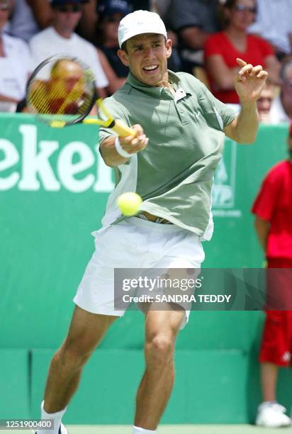 Slovakian Dominik Hrbaty plays a forehand shot after losing to Gustavo Kuerten of Brazil in straight sets at the Heineken Tennis Open, ASB Tennis...