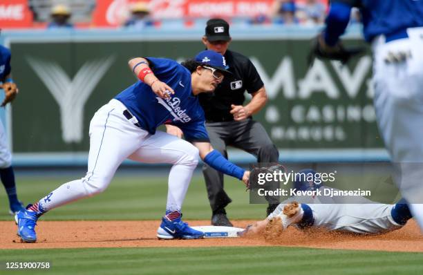 Miguel Vargas of the Los Angeles Dodgers tags out Nico Hoerner of the Chicago Cubs at second base during a steal attempt in the first inning at...