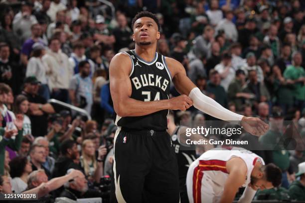 Giannis Antetokounmpo of the Milwaukee Bucks looks on before the game against the Miami Heat during Round One Game One of the 2023 NBA Playoffs on...