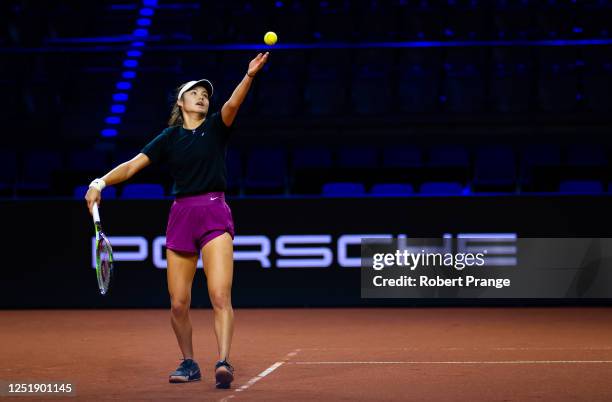 Emma Raducanu of Great Britain during practice ahead of the Porsche Tennis Grand Prix Stuttgart 2023 at Porsche Arena on April 16, 2023 in Stuttgart,...