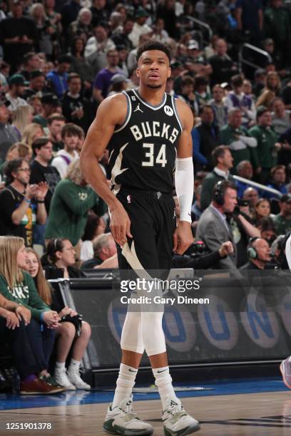 Giannis Antetokounmpo of the Milwaukee Bucks looks on before the game against the Miami Heat during Round One Game One of the 2023 NBA Playoffs on...