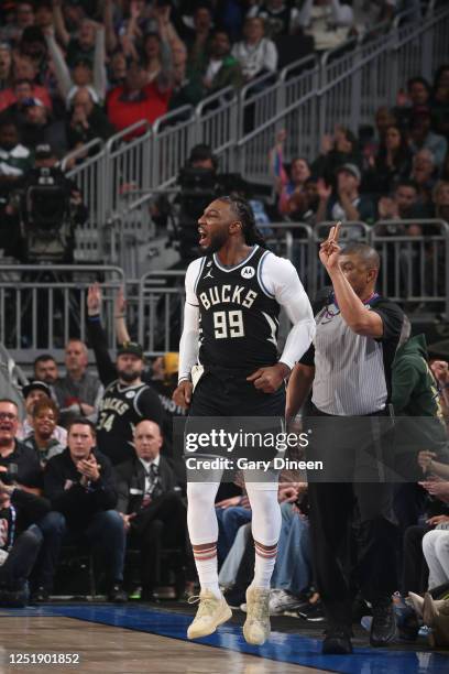 Jae Crowder of the Milwaukee Bucks celebrates during the game against the Miami Heat during Round One Game One of the 2023 NBA Playoffs on April 16,...