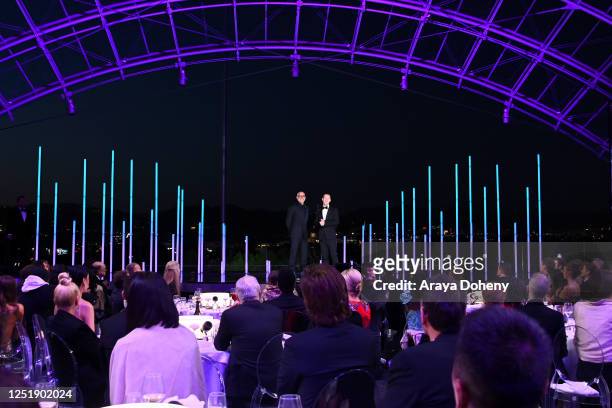 Robert Downey Jr. And Mark Zuckerberg speak onstage at the Ninth Breakthrough Prize Ceremony at Academy Museum of Motion Pictures on April 15, 2023...