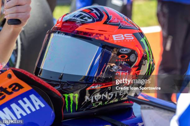 Fabio Quartararo of France and Monster Energy Yamaha MotoGP Team helmet sits on his motorcycle before the start of the MotoGP Red Bull Grand Prix of...