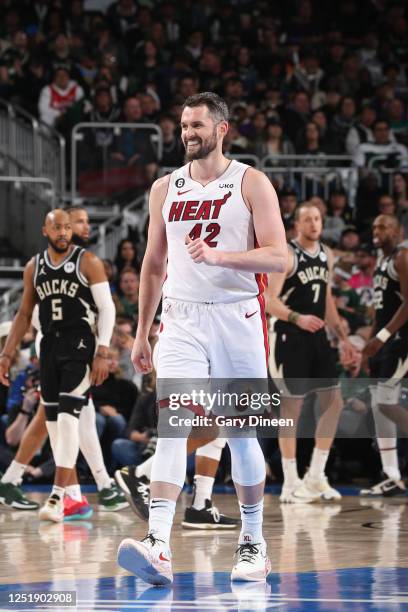 Kevin Love of the Miami Heat smiles during the game against the Milwaukee Bucks during Round One Game One of the 2023 NBA Playoffs on April 16, 2023...