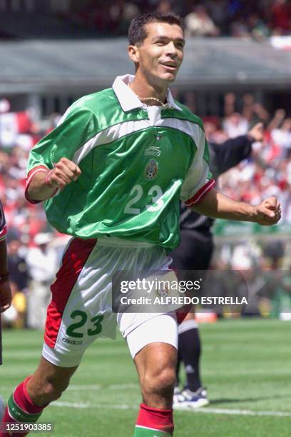 Mexican selection player Jared Borgetti celebrates their fourth goal against the selection of Trinidad and Tobago in the Aztec stadium in Mexico...