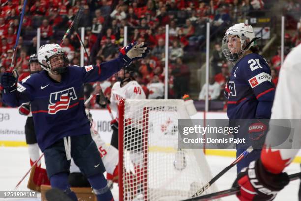 Forward Hilary Knight of USA scores her second period goal against goaltender Ann-Renee Desbiens of Canada during the gold medal game of the 2023...