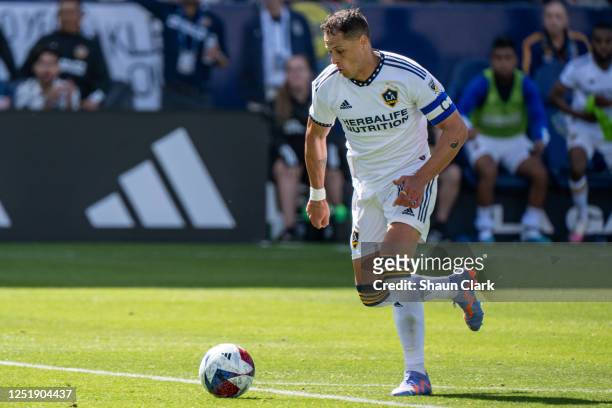 Javier Hernandez of Los Angeles Galaxy breaks in on goal during the match against Los Angeles FC at Dignity Health Sports Park on April 16, 2023 in...