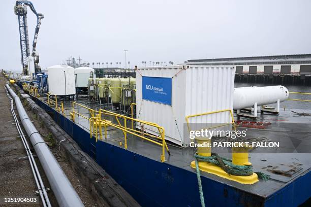 Equipment on a barge for UCLA's SeaChange climate change carbon removal project at the Port of Los Angeles in San Pedro, California on April 12,...