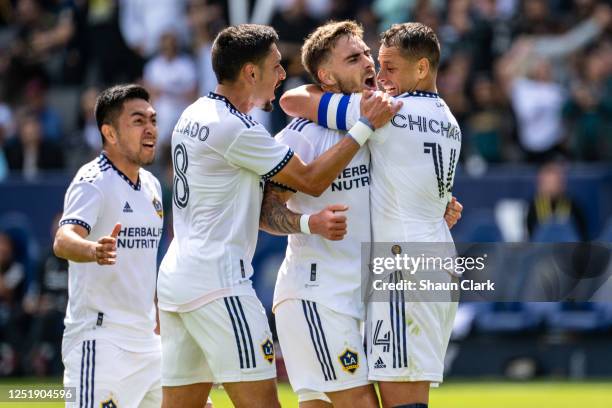 Tyler Boyd of Los Angeles Galaxy celebrates his goal during the match against Los Angeles FC at Dignity Health Sports Park on April 16, 2023 in Los...