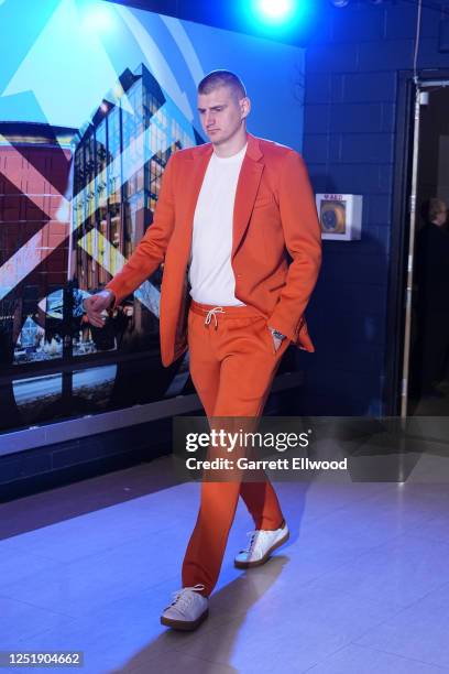 Nikola Jokic of the Denver Nuggets arrives to the arena before Round One Game One of the 2023 NBA Playoffs against the Minnesota Timberwolves on...