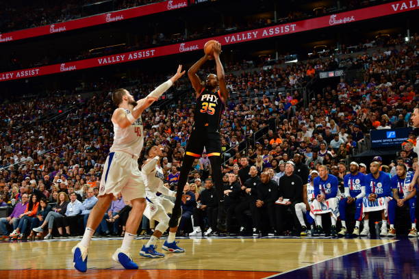 Kevin Durant of the Phoenix Suns shoots the ball during Round One Game One of the 2023 NBA Playoffs on April 16, 2023 at Footprint Center in Phoenix,...