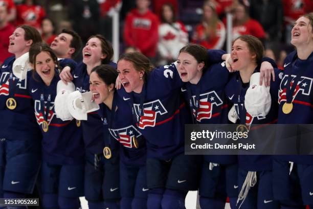 Team USA celebrates the 6-3 win over Canada during the gold medal game of the 2023 IIHF Women's World Championship at CAA Centre on April 16, 2023 in...