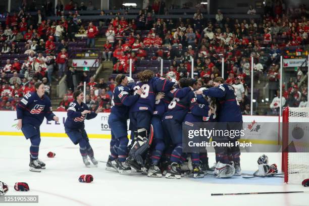 Team USA celebrates the 6-3 win over Canada during the gold medal game of the 2023 IIHF Women's World Championship at CAA Centre on April 16, 2023 in...