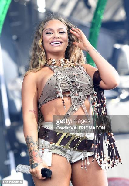 Rapper Latto performs during the first weekend of the Coachella Valley Music and Arts Festival in Indio, California, on April 16, 2023.