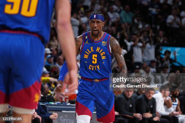 Kentavious Caldwell-Pope of the Denver Nuggets celebrates during Round One Game One of the 2023 NBA Playoffs against the Minnesota Timberwolves on...