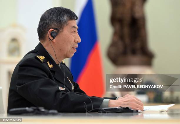Chinese Defence Minister Li Shangfu attends a meeting with Russian President at the Kremlin in Moscow on April 16, 2023.