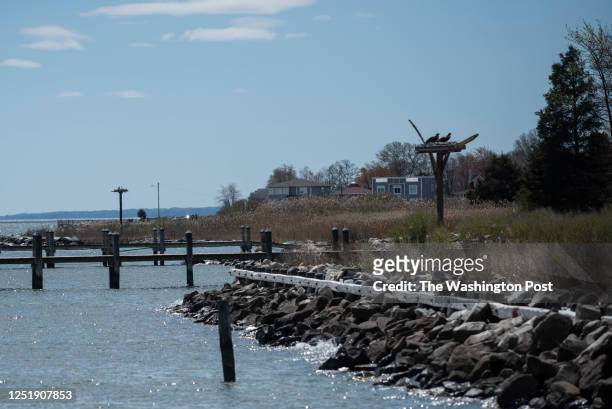 An osprey nest overlooks the Chesapeake Bay north of Dennis Point Lane in Shady Side, Maryland on April 3, 2020. Two boaters who went missing in the...