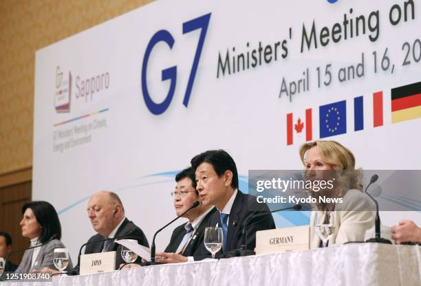 Japanese Economy, Trade and Industry Minister Yasutoshi Nishimura and other participants attend a press conference after a two-day Group of Seven...