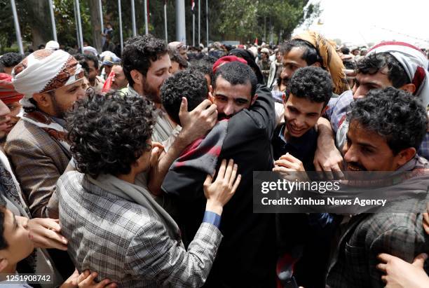 Released prisoner is welcomed at the Sanaa airport in Sanaa, Yemen, April 16, 2023. In a significant step toward resolving the protracted conflict in...