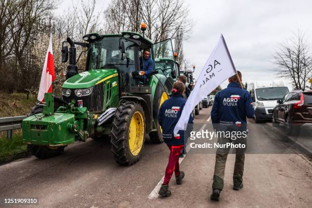 Farmers of Agrounia and other union organizations protest near the rail line on the border with Ukraine in Hrubieszow, Poland on April 16, 2023....