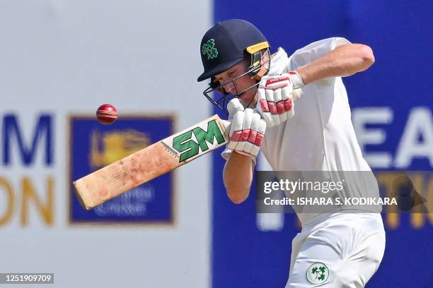 Ireland's Harry Tector plays a shot during the second day of the first cricket Test match between Sri Lanka and Ireland at the Galle International...