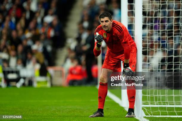 Thibaut Courtois goalkeeper of Real Madrid and Belgium gives instructions during the UEFA Champions League quarterfinal first leg match between Real...