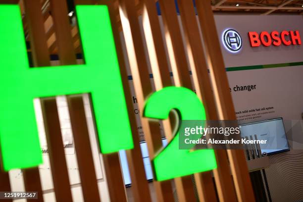 Logo of hydrogen is seen at the Bosch exhibition stand at the 2023 Hannover Messe industrial trade fair on April 17, 2023 in Hanover, Germany. Over...
