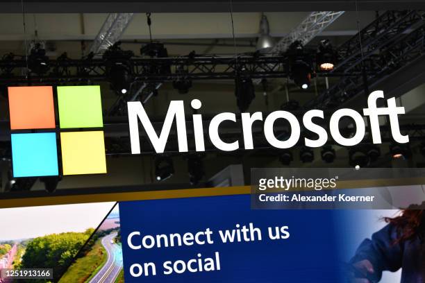 The logo of Microsoft is seen at the 2023 Hannover Messe industrial trade fair on April 17, 2023 in Hanover, Germany. Over 4,000 companies, primarily...