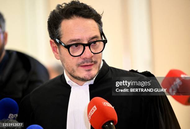 French Lawyer David Koubbi speaks to the press at the Paris courthouse on April 17, 2023 after the trial of Air France and plane manufacturer Airbus...