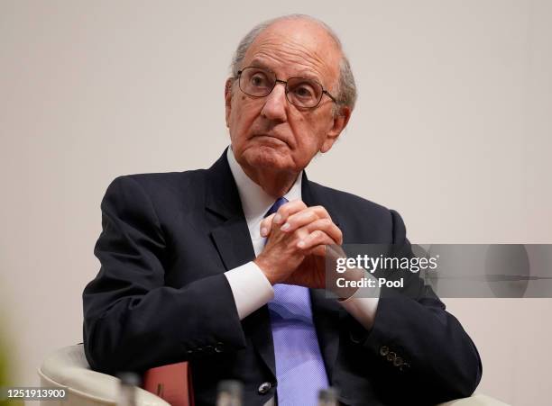 George Mitchell speaks during the Agreement 25 Conference at Queen's University Belfast on April 17, 2023 in Belfast, Northern Ireland. The three-day...
