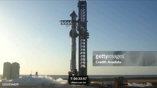 View of SpaceX's Starship, the most powerful rocket ever built, during flight test ahead of the actual launch at SpaceX South Texas launch site in...