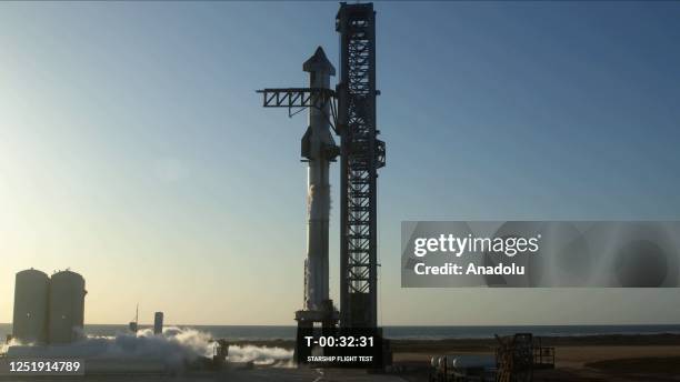 View of SpaceX's Starship, the most powerful rocket ever built, during flight test ahead of the actual launch at SpaceX South Texas launch site in...