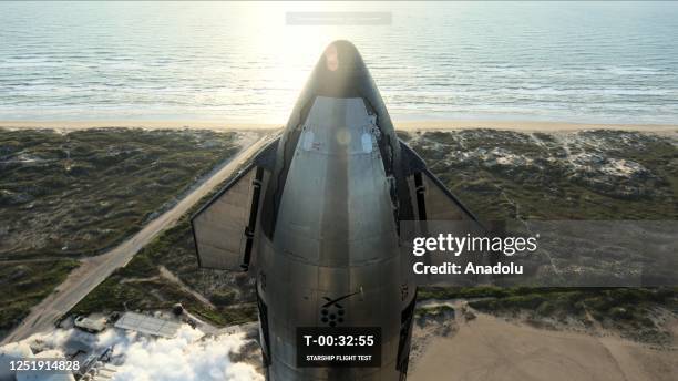 View of SpaceX's Starship, the most powerful rocket ever built, during flight test ahead of the actual launch at SpaceX South Texas launch site in...