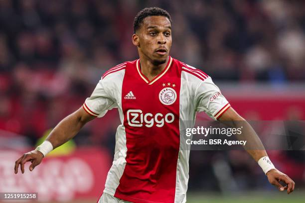 Jurrien Timber of Ajax during the Dutch Eredivisie match between Ajax and FC Emmen at Johan Cruijff ArenA on April 16, 2023 in Amsterdam, Netherlands