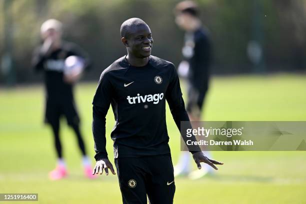 Golo Kante of Chelsea during a training session ahead of their UEFA Champions League quarterfinal second leg match against Real Madrid at Cobham...
