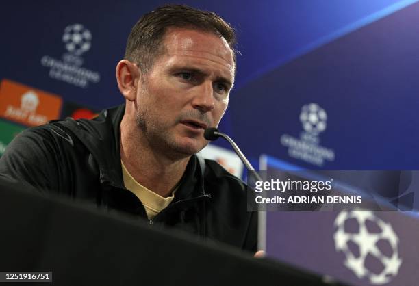 Chelsea's English caretaker manager Frank Lampard attends a press conference at Stamford Bridge in London on April 17, 2023 on the eve of their UEFA...