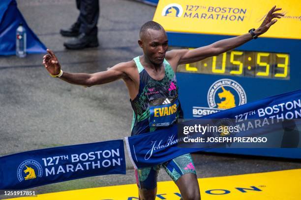 Evans Chebet of Kenya takes first place in the Men's race during the 127th Boston Marathon in Boston, Massachusetts on April 17, 2023. - 30,239...