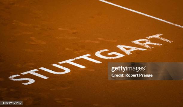 Stuttgart Logo on center court ahead of the Porsche Tennis Grand Prix Stuttgart 2023 at Porsche Arena on April 17, 2023 in Stuttgart, Germany