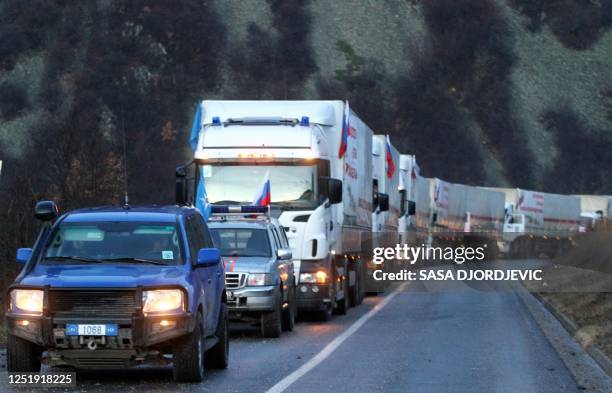 Vehicle of the European Union's mission in Kosovo escorts a Russian aid convoy near the Serbia and northern Kosovo border crossing of Jarinje on...