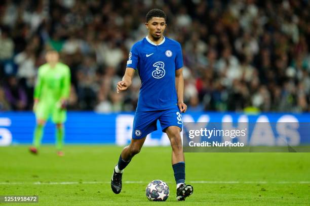 Wesley Fofana centre-back of Chelsea and France does passed during the UEFA Champions League quarterfinal first leg match between Real Madrid and...